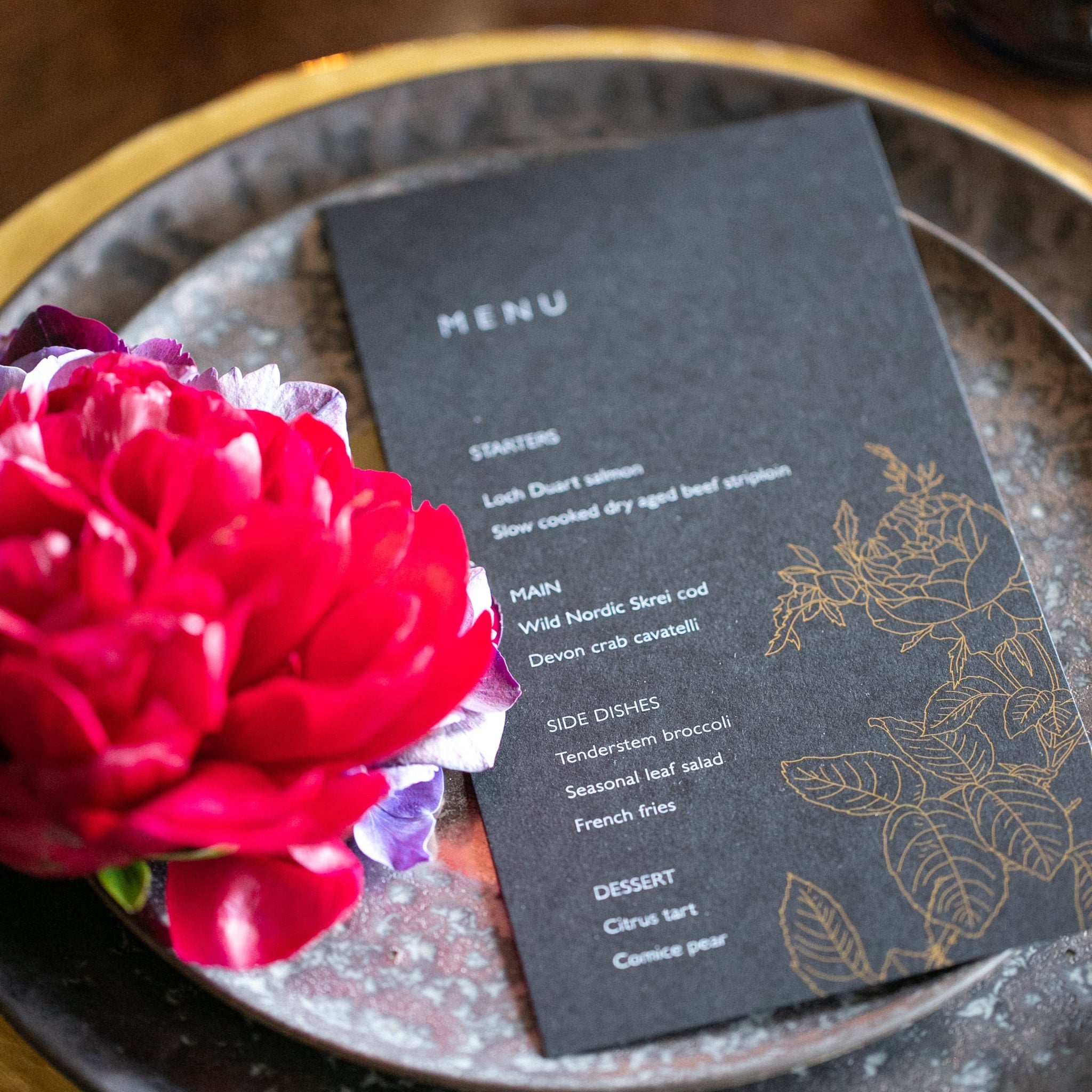 black and gold wedding menu