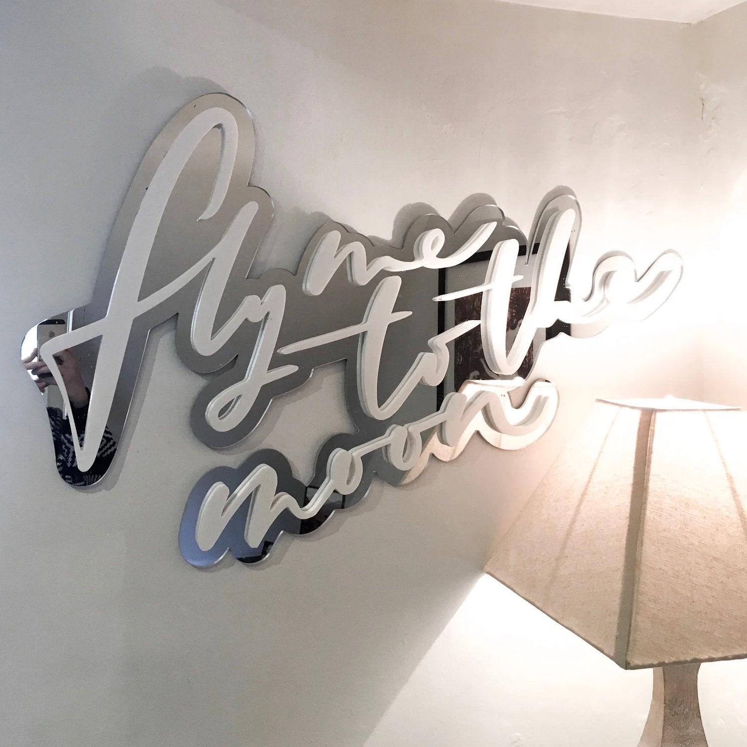 White Perspex Mirror Signage 'Fly me to the Moon'