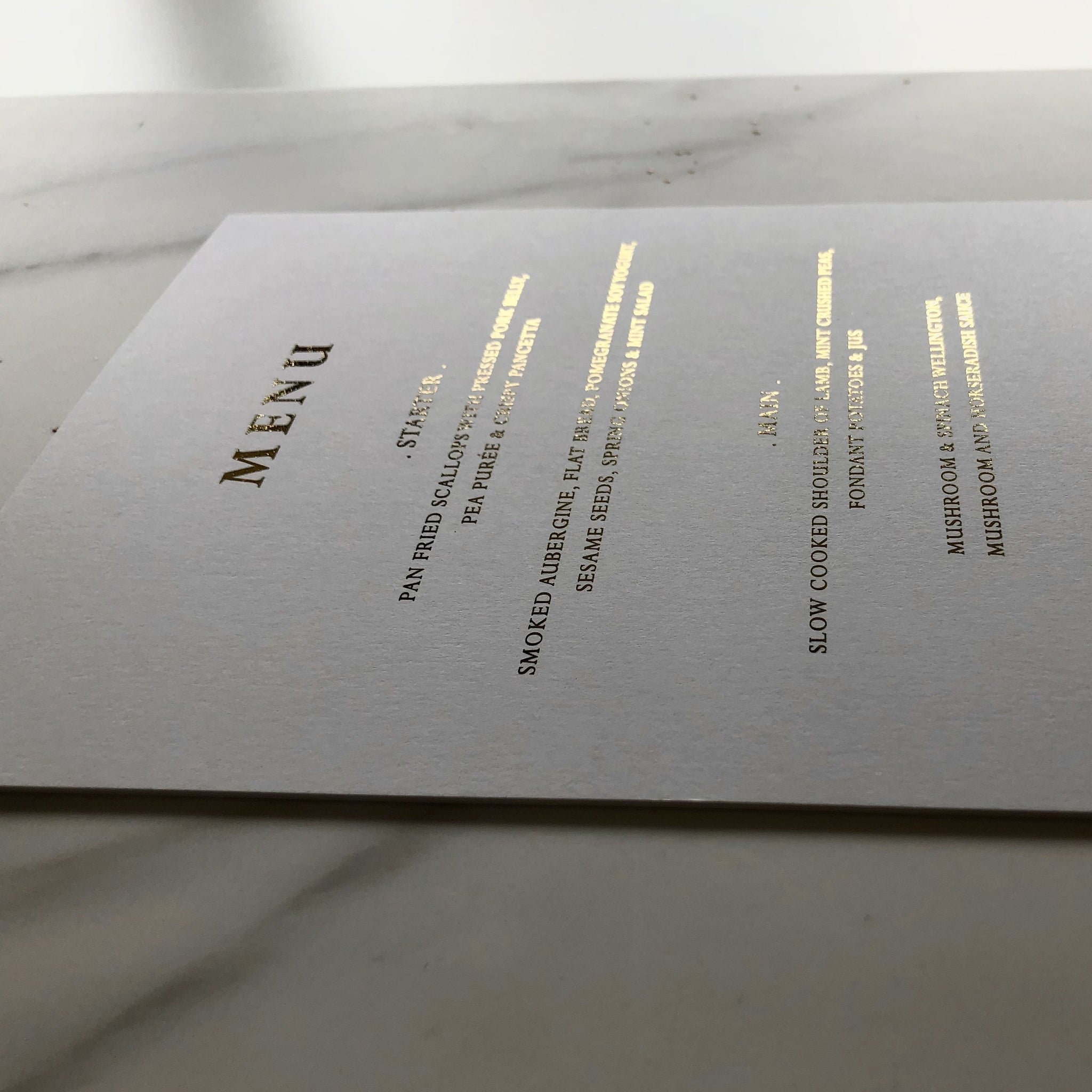 digitally foiled wedding menu