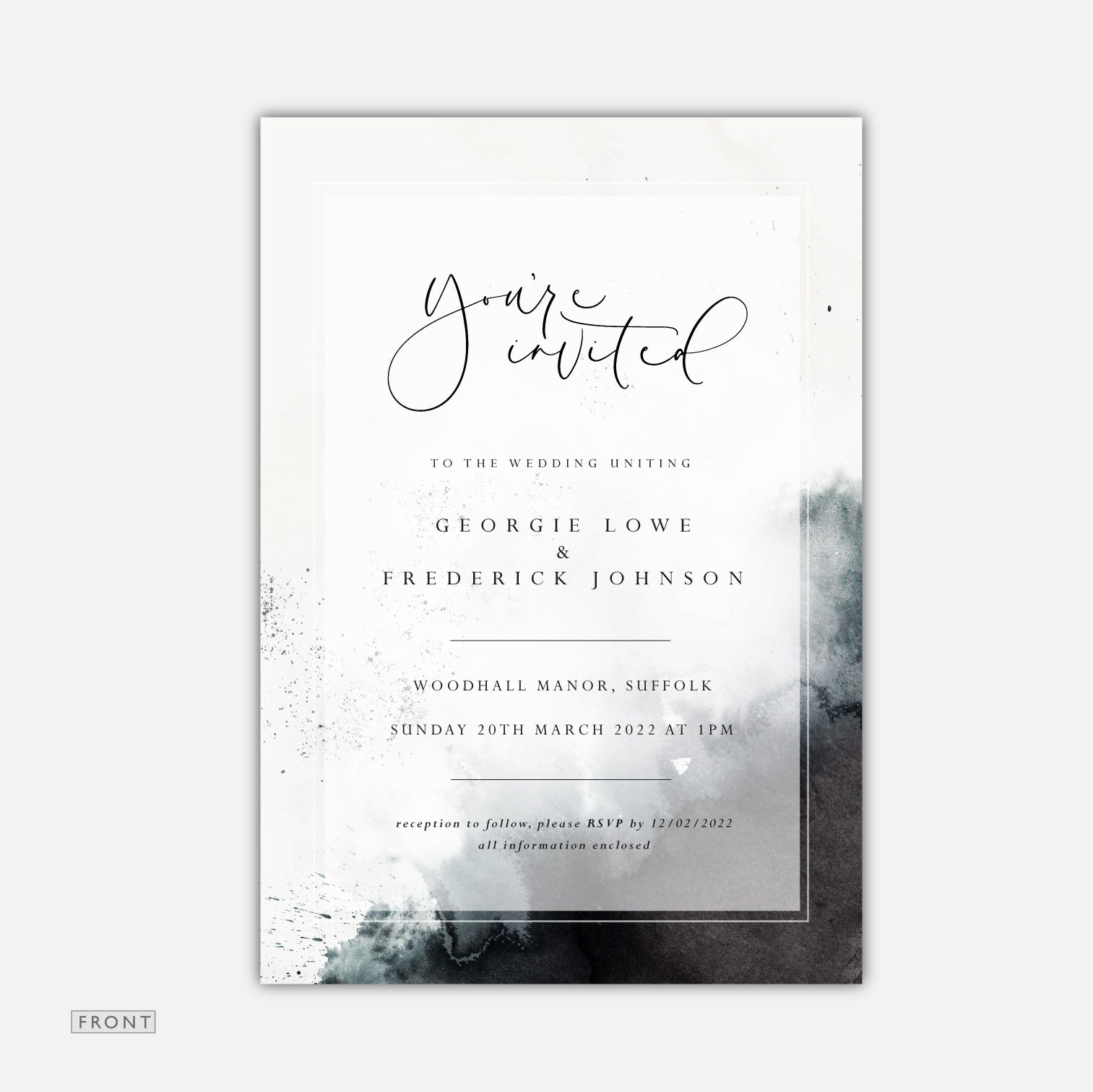 black watercolour wedding invitation